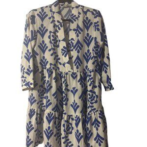 ZARA Blue & White Print Pintuck Detail Long-Sleeve Ruffle Mini Dress Size Small